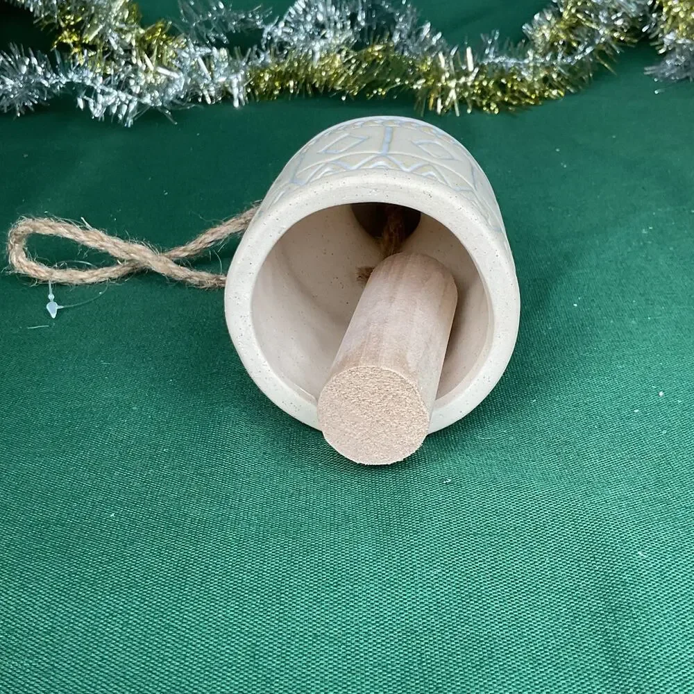 Ceramic Bird Bell Christmas Ornament - Geometric Pattern Rustic Glazed Decor